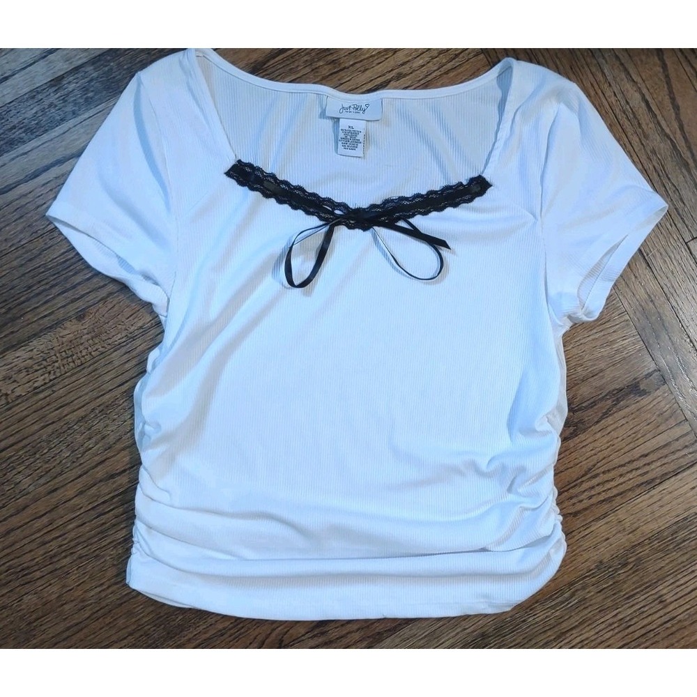 Just Polly NY White Ribbed Top Black Lace Bow Coquette Ruched Side Shirt XL